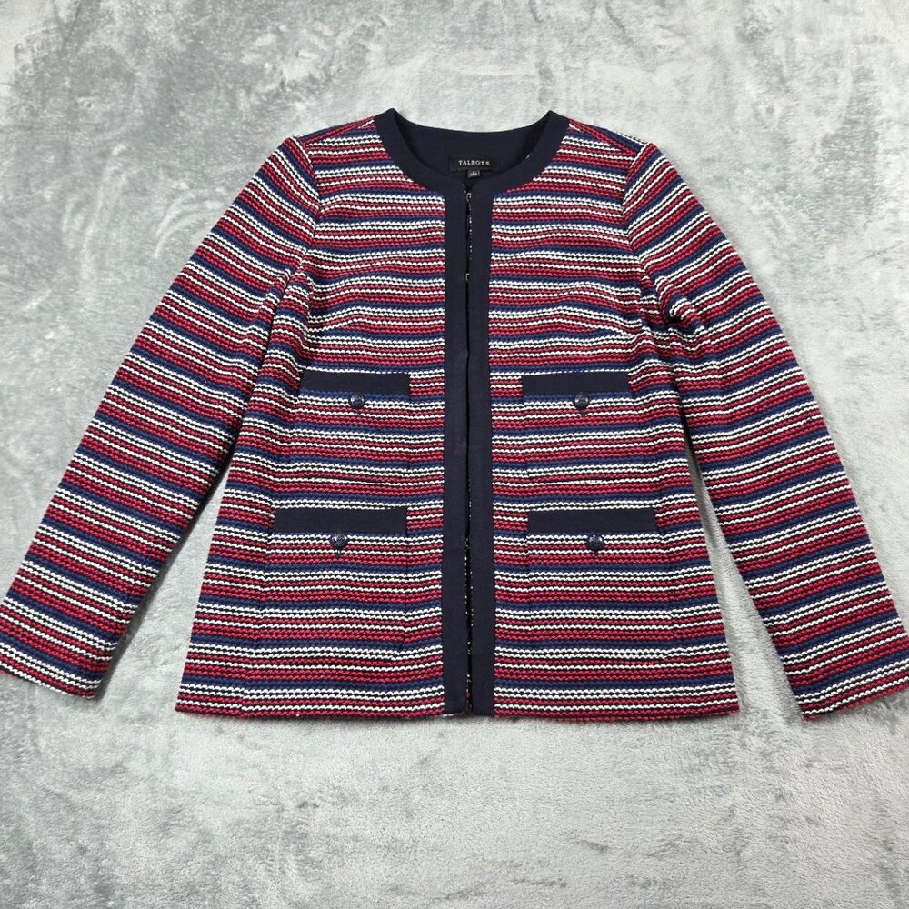 Talbots Blazer Small Navy Red White Boucle Stripe Nautical Preppy Office Jacket